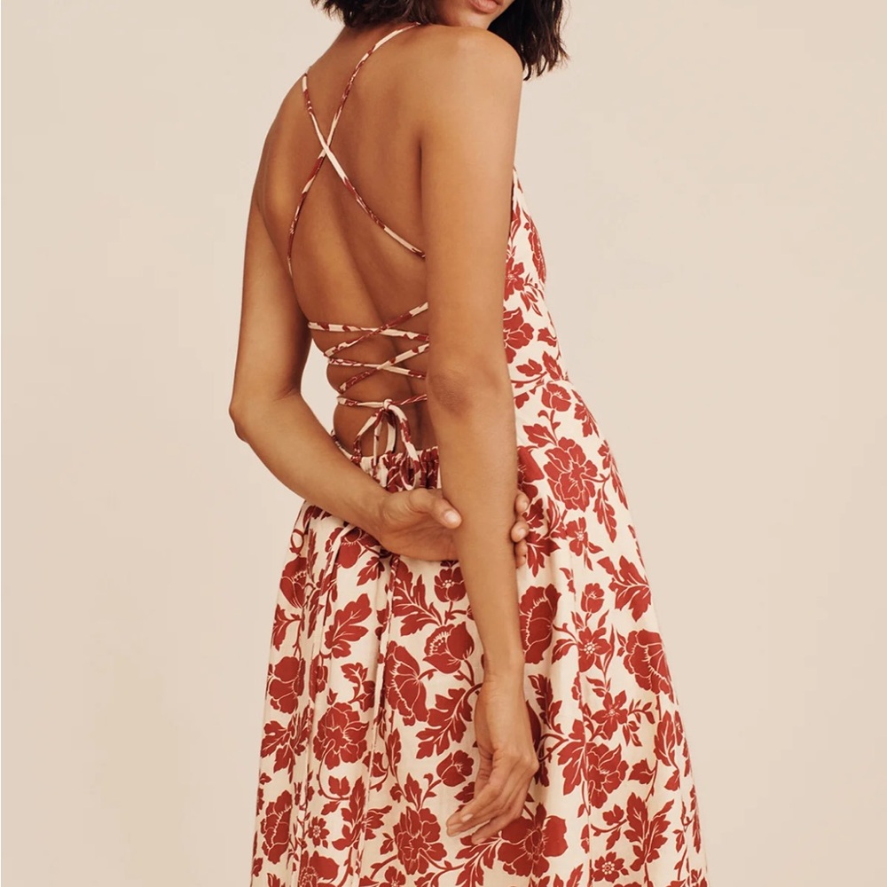 Posse Cream and Rust Red Floral Lace-Up Back Maxi Dress